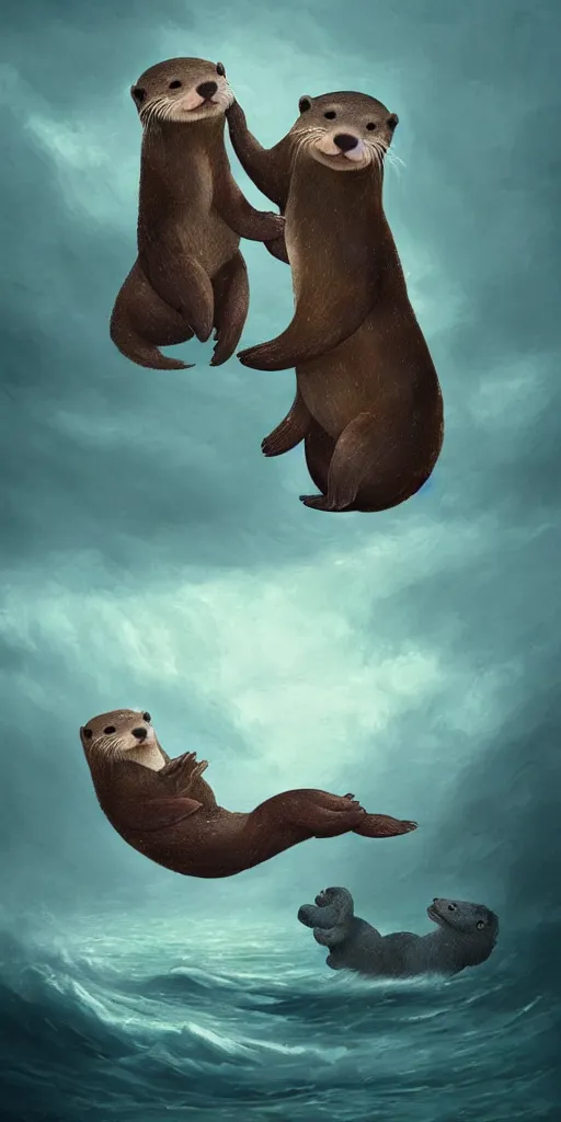 Prompt: two adorable otters falling in love holding hands side by side, all alone in the middle of a scary storm at sea, fantasy illustration, cinematic, award winning, romantic, detailed trending on artstation, masterpiece