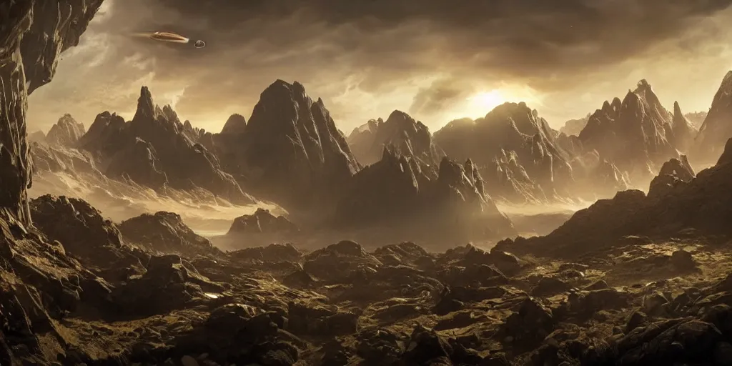 Image similar to alien environment with epic mountains and cliffs and planets in the sky by jon mccoy, epic lighting, cinematographic, 8 k, award winning, ultra detailed