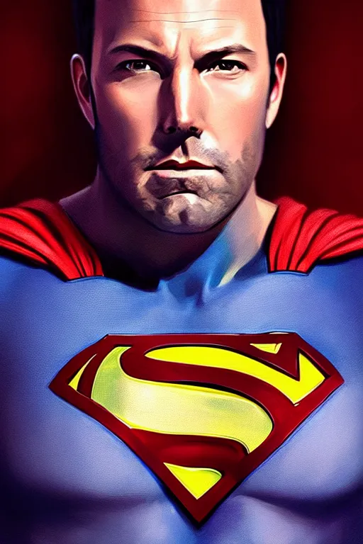 Image similar to ben affleck as superman, portrait,, highly detailed, digital painting, artstation, concept art, smooth, sharp focus, illustration, cinematic lighting, art by artgerm and greg rutkowski and alphonse mucha