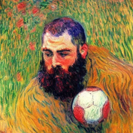 Prompt: monet painting of a bearded man with shaved head intimately kissing a soccer ball, highly detailed, realistic,