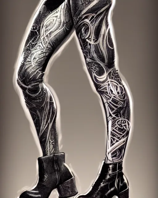 Image similar to Perfect leggings pattern imitating elfish tattooes, focus on the pants and boots with graved runes, close-up on legs, highly detailed, digital painting, artstation, concept art, smooth, sharp focus, illustration, art by Artgerm and Hajime Sorayama