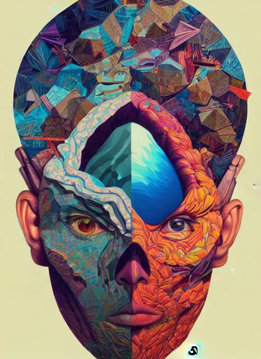 Prompt: brain split into art fragments of the earth, tristan eaton, victo ngai, artgerm, rhads, ross draws, hyperrealism, intricate detailed