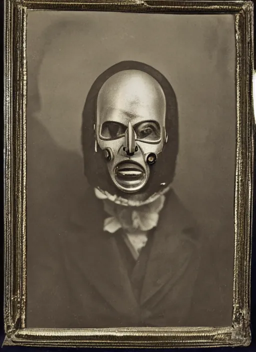 Prompt: photo portrait of 19 century male wearing brutal shiny metal face mask with fine detail engravings and runes cultist lord rich baron by Diane Arbus and Louis Daguerre