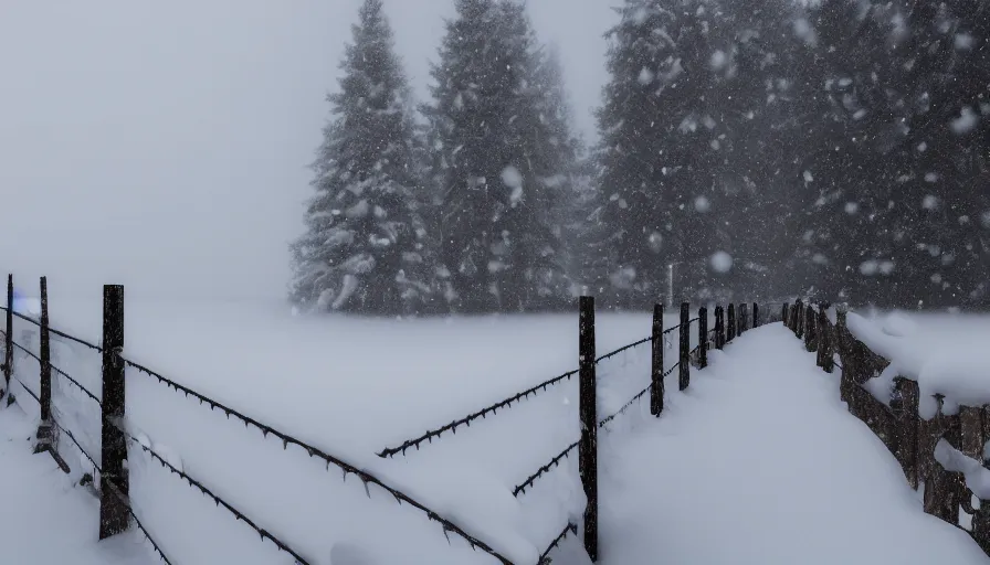 Image similar to wooden guardrails covered by snow in beautiful winter landscape. fog, snowstorm, photorealistic rendering, octane, depth of field, blurry