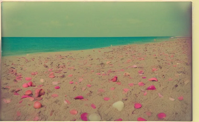 Prompt: analog polaroid of a sandy beach with tiny shells, pink parasols, cyan blue beach in the background, color bleed