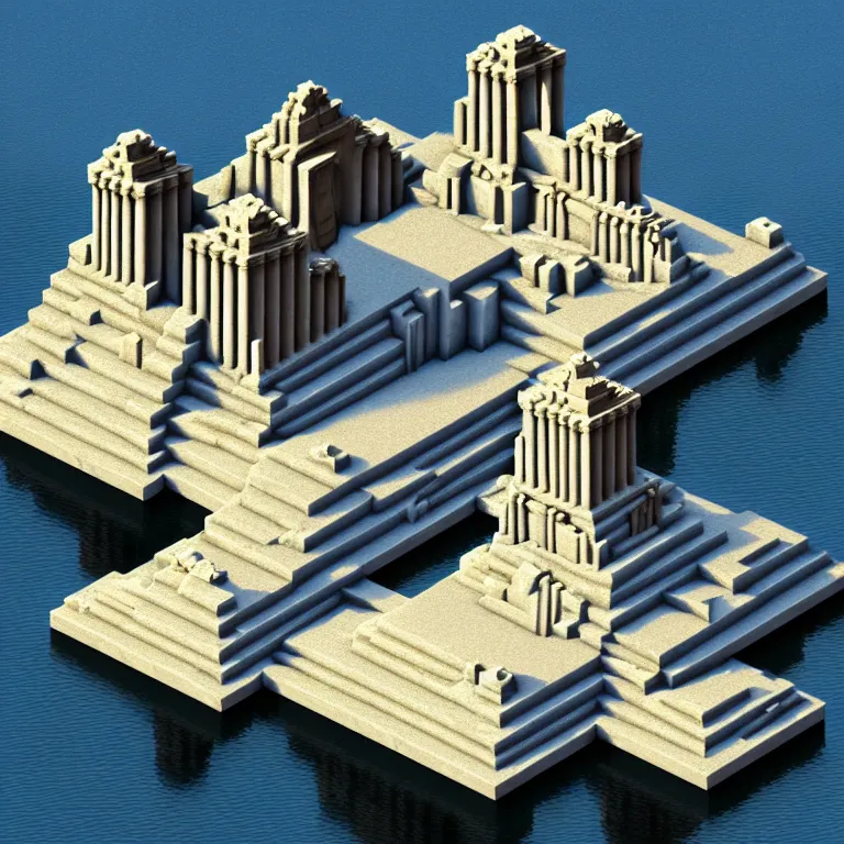 Prompt: A matte painting of a mystical Atlantis grec temple in minecraft style olymp glory statue pantheon in white marble gold incrusted of legends architecture by Frank Lloyd Wright and Zaha Hadid torch volume light