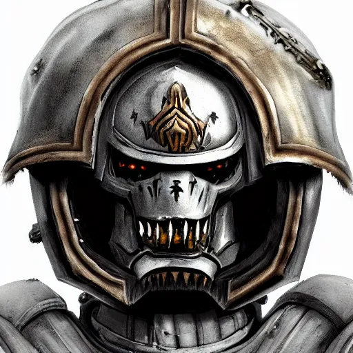 Prompt: warhammer space marine, scary helmet, terrifying, grimdark, horror, war, photorealistic, front view, symmetrical, artstation, dark souls style