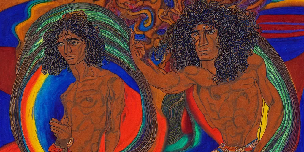 Image similar to an abstract spiritual background, a latino greek god dancing, clear eyes. 2 4 mm, photorealistic, muted color scheme, directed by mati klarwein