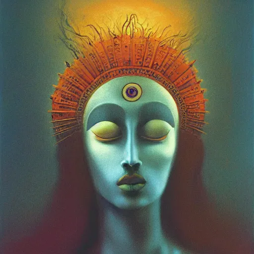 Prompt: the queen of the sun by salvador dali and zdzisław beksiński, oil on canvas