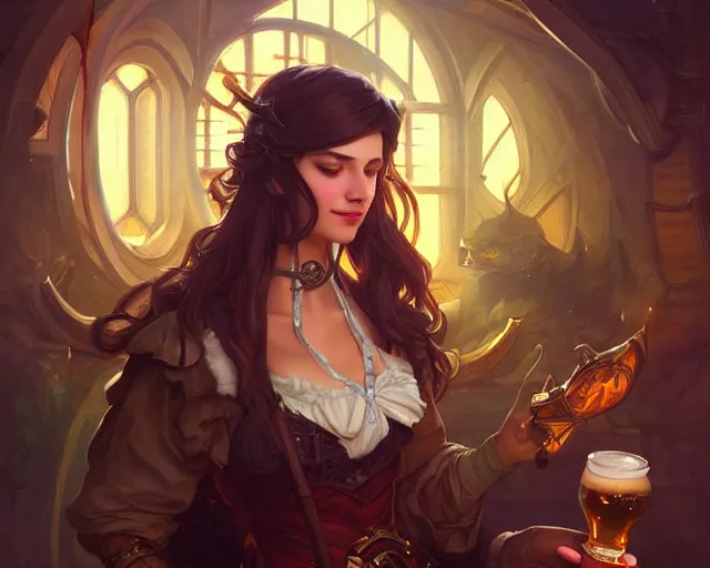 Image similar to bard in a brewery wearing informal clothing, deep focus, d & d, fantasy, intricate, elegant, highly detailed, digital painting, artstation, concept art, matte, sharp focus, illustration, hearthstone, art by artgerm and greg rutkowski and alphonse mucha