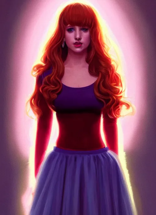 Image similar to full body portrait of teenage cheryl blossom, bangs, green eyes, sultry expression, red hair, sultry smirk, bangs and wavy hair, pink skirt, intricate, elegant, glowing lights, highly detailed, digital painting, artstation, concept art, smooth, sharp focus, illustration, art by wlop, mars ravelo and greg rutkowski