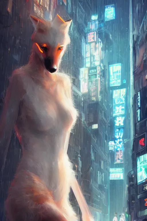 Image similar to beautiful portrait of a tall white female anthro fox smoking a cigarette towering head and shoulders above the bustling crowd of a rainy city street around her, sci fi bodysuit, cyberpunk, harsh neon lights, highly detailed, sharp focus, digital painting, illustration, trending on artstation, art by sakimichan, wlop, greg rutkowski