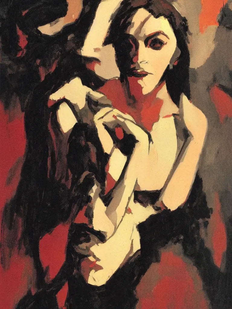 Image similar to portrait profile of one mysterious dark beautiful women in 1 9 7 8, oil painting by john watkiss