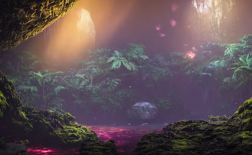 Image similar to a beautiful render of a dark prehistoric rainforest in a humongous cave, lush flora, patches of yellowish - red - magenta sky, sunset lighting, fireflies, floating mountains and a waterfall in the background, intricate detail, hazy, humid, volumetric lighting, god rays, 8 k, photorealistic, raytracing effects, unreal engine 5