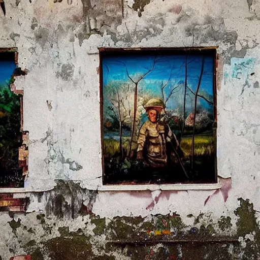 Image similar to fantastic painting intact on wall of a dilapidated war torn house