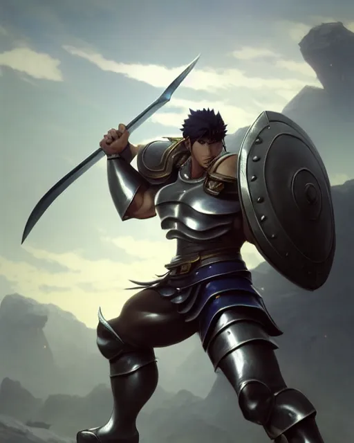 Prompt: strong muscular warrior with a greatsword and fully clad in plate armor, dramatic action pose, square masculine facial features, short messy hair, 3 d octane render, unreal engine 5, ultra high detail, cel shaded, trending on pixiv fanbox, by greg rutkowski makoto shinkai takashi takeuchi studio ghibli, akihiko yoshida