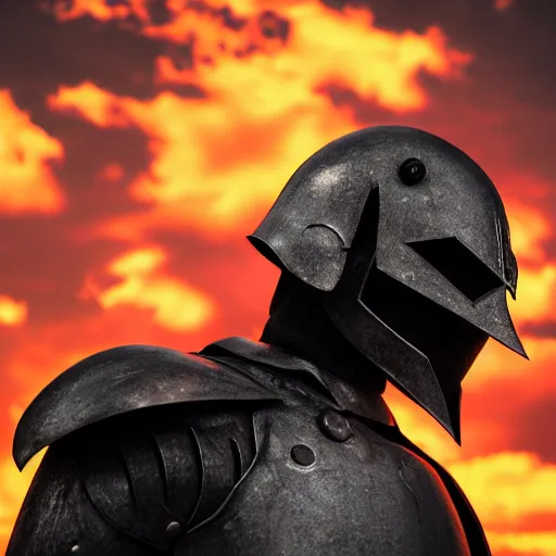 Prompt: the knight of death and destruction in black armor glowing red with a black cape billowing in the wind, golden hour, caustics, shallow depth of field, moody lighting, 8 k, concept art,