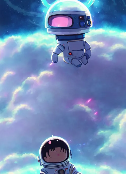 Image similar to portrait of cute kawaii astronaut android riding a neonpunk kaiju dragon, nebulous background of dynamic space, a dramatic composition by wlop and greg rutkowski and makoto shinkai and studio ghibli and kyoto animation cute bubbly clothing