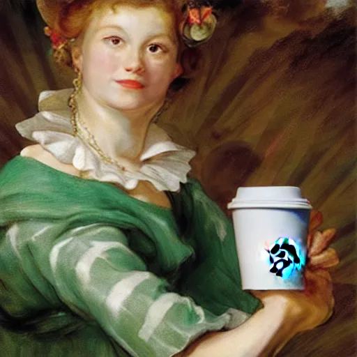 Image similar to heavenly summer sharp land sphere scallop well dressed lady drinking a starbucks coffee paper cup, auslese, by peter paul rubens and eugene delacroix and karol bak, hyperrealism, digital illustration, fauvist, starbucks coffee cup green logo