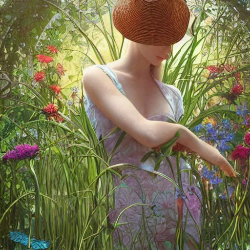 Image similar to slightly rusty robot-gardener in a straw hat, waters flowers, highly detailed, texture, background greenhouse, mild dreamy professional lighting, digital art, smooth, sharp focus, illustration, wide angle shot, full body visible, art by artgerm, by alphonse mucha