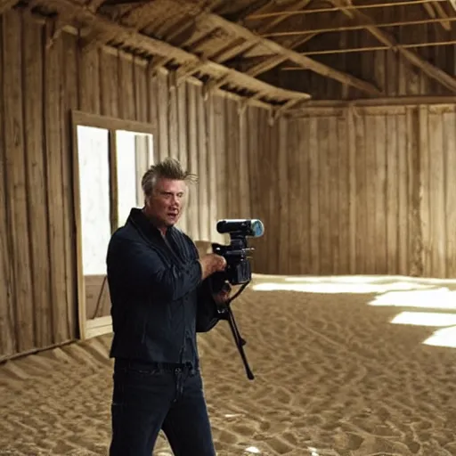 Prompt: alec baldwin shooting someone standing in a desert barn