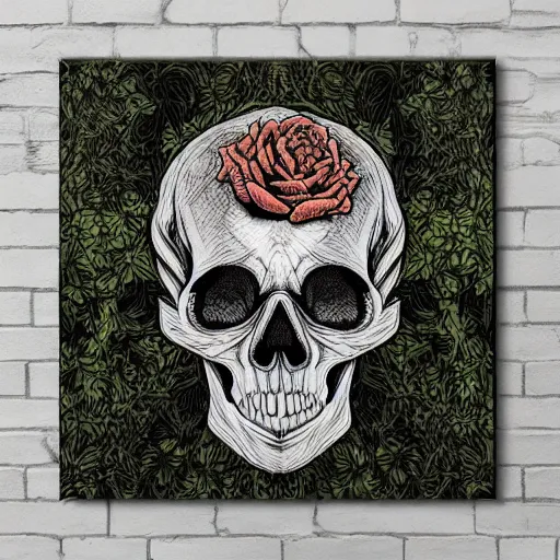 Prompt: overgrown skull inspired by René Laloux,Dan Mumford,twisted ivy vines,moss,black roses,moodboard,cinematic