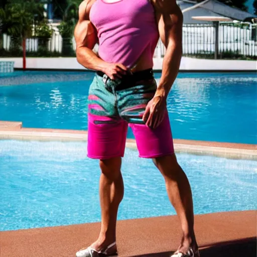 Image similar to a handsome muscular male fitness model with blonde hair, chris redfield, who is a male android, muscular, wearing a cut - off pink top and short light orange shorts, stands by a swimming pool