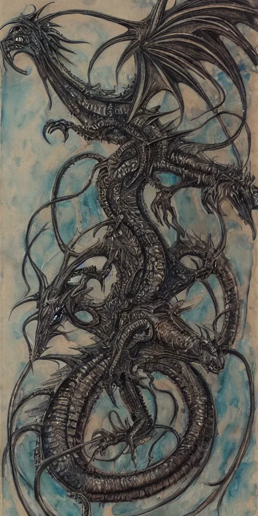 Image similar to a lovecraftian expressive water colour of a aetherpunk dragon by h. r giger in the style of oriental art, 8 k