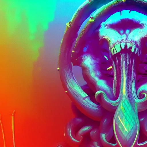 Prompt: soft painting render curiosities gigantic skulls tentacles reflection refraction gateway portal synthwave, accurate features, focus, very intricate ultrafine details, rainbow lighting, dense fog, award winning masterpiece, octane render 8 k hd, dark fantasy