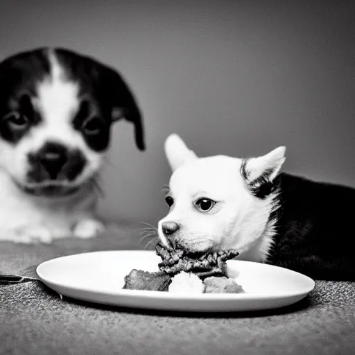 Prompt: black and white photography of a puppie sharing his meal with a small baby cat, animal photography, award winning photography by Leonardo Espina