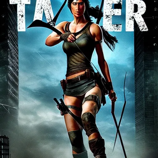 Image similar to Gal Gadot as Tomb Raider aiming a bow. Girl power. Movie poster art.