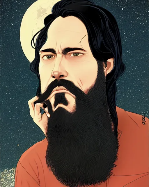 Image similar to portrait of an unkle blue moon with long black hair and beard, by tomer hanuka
