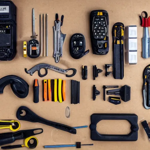 Prompt: electricians tools, knolling, studio photo
