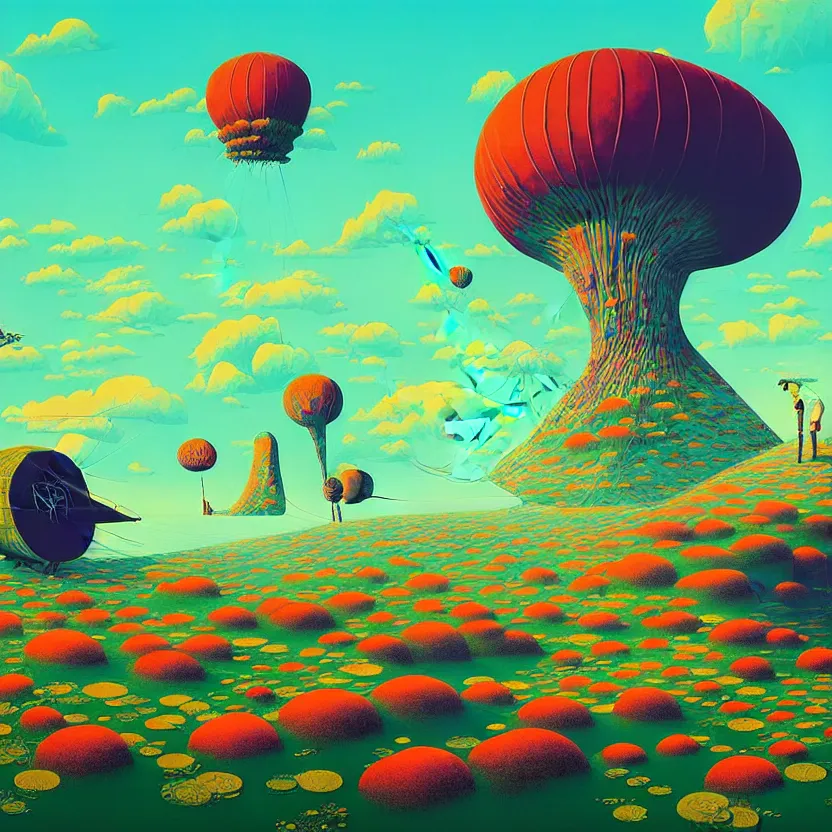 Image similar to surreal glimpse into other universe, zeppelin, island, summer morning, very coherent and colorful high contrast, art by! gediminas pranckevicius! geof darrow, volumetric lighting, cinematic, floralpunk screen printing woodblock, dark shadows, hard lighting, stipple brush