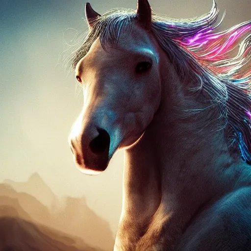 Image similar to lavrov horse mutant, art by alessio albi 8 k ultra realistic, angel wings, lens flare, atmosphere, glow, detailed, intricate, full of colour, led lighting, trending on artstation, 4 k, hyperrealistic, focused, extreme details, unreal engine 5, masterpiece