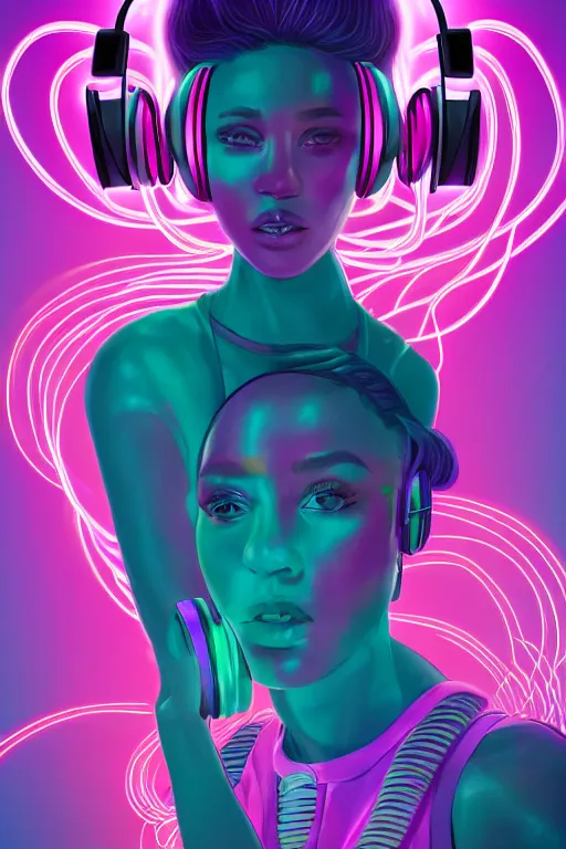 Image similar to a award winning half body portrait of a beautiful woman with stunning eyes in a croptop and cargo pants with ombre purple pink teal hairstyle with headphones on her ears by thomas danthony, surrounded by whirling illuminated lines, outrun, vaporware, shaded flat illustration, digital art, trending on artstation, highly detailed, fine detail, intricate