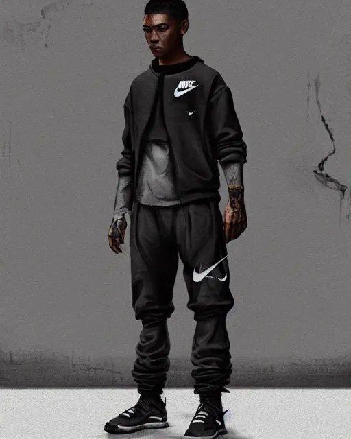 Image similar to Medium shot of a character wearing Nike ACG+Acronym P31-DS Pants in the style of greg rutkowski