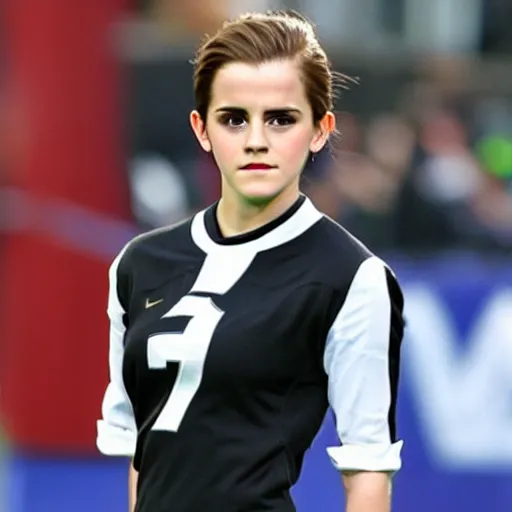 Image similar to emma watson as football player, hyper realistic