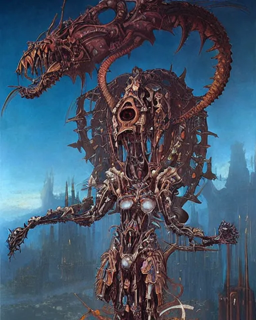 Image similar to elegant renaissance painting of biomechanical warhammer final boss creature vecna, art by bruce pennington and peter mohrbacher