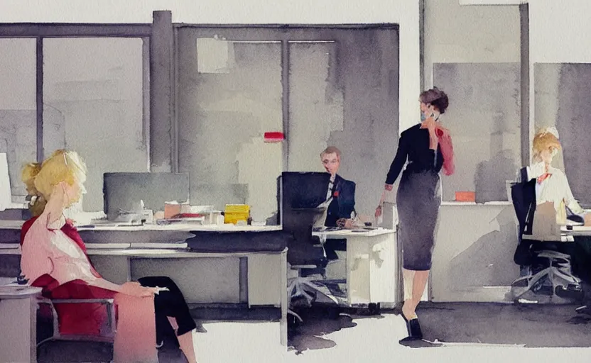 Image similar to concept art of a modern office life, pinterest, artstation trending, behance, watercolor, by coby whitmore *, silver, laser light *,