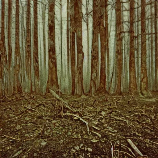 Image similar to 1 9 9 0 s faded vhs tape still, empty forest with dead trees, cloudy day, creepy