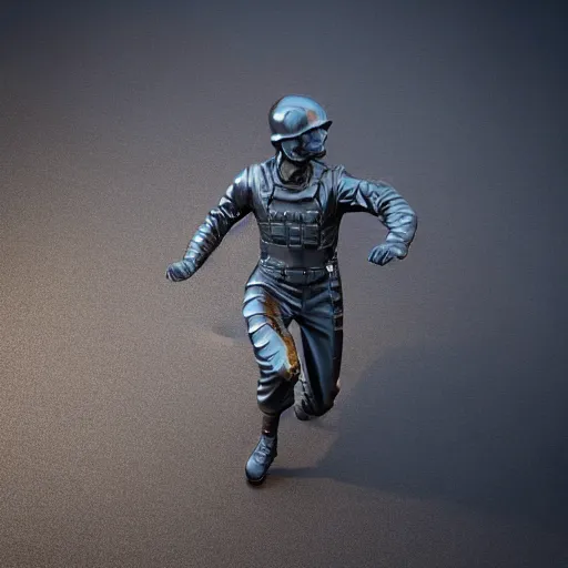 Prompt: 3 d render melted military soldier running sculpture, chrometype, liquid metal, neotribal, raytraced, volumetric lightning, 8 k by wlop, innate studio h - 1 0 0 0 w - 1 0 0 0