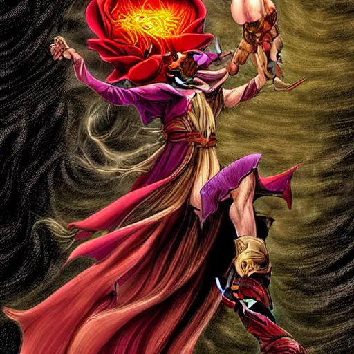 Prompt: The celestial warlock (a beautiful half elf with long red hair) clumsily knocks a single red rose from the top of a funerary urn, releasing an angry wraith from inside. Dramatic digital art illustration in comic book style by Simon Bisley