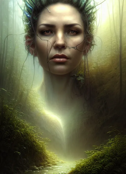 Image similar to closeup portrait shot of a paranormal detective in nature in a scenic dystopian environment, intricate, elegant, highly detailed, centered, digital painting, artstation, concept art, smooth, sharp focus, illustration, artgerm, tomasz alen kopera, peter mohrbacher, donato giancola, joseph christian leyendecker, wlop, boris vallejo