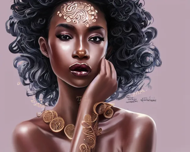 Image similar to A beautiful black skinned woman wearing a scarf with large lips and smooth eyebrows and curly hair, complimentary eyeliner, light blush and metallic eyeshadow, HD, illustration, epic, fantasy, intricate, elegant, amazing detail, digital painting, artstation, concept art, smooth, sharp focus, illustration, art by Turine Tran