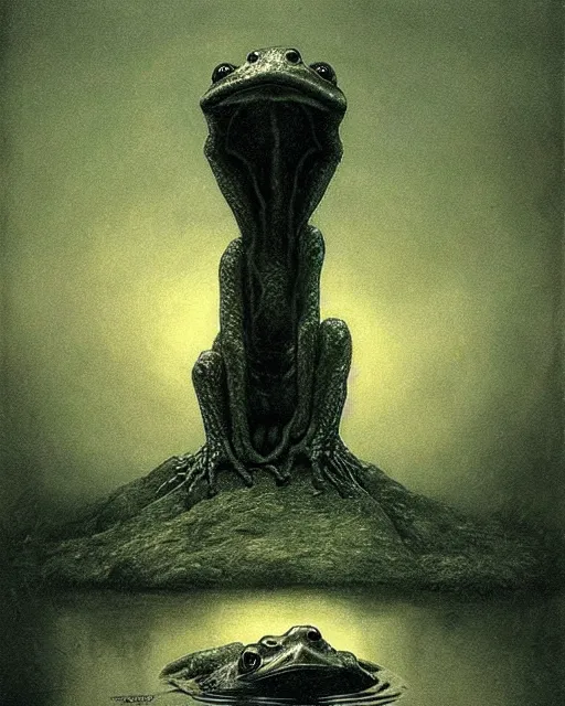 Image similar to giant terrifying frog god above a pond, scary, foreboding, mysterious minimalistic, by beksinski