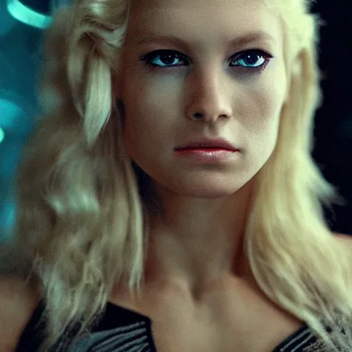 Image similar to very pretty blond borg queen on a borg ship, perfect face, symmetrical face, moody lighting, shallow depth of field,