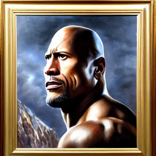 Image similar to ultra realistic portrait painting of dwayne johnson, art by frank frazetta, 4 k, ultra realistic, highly detailed, epic lighting