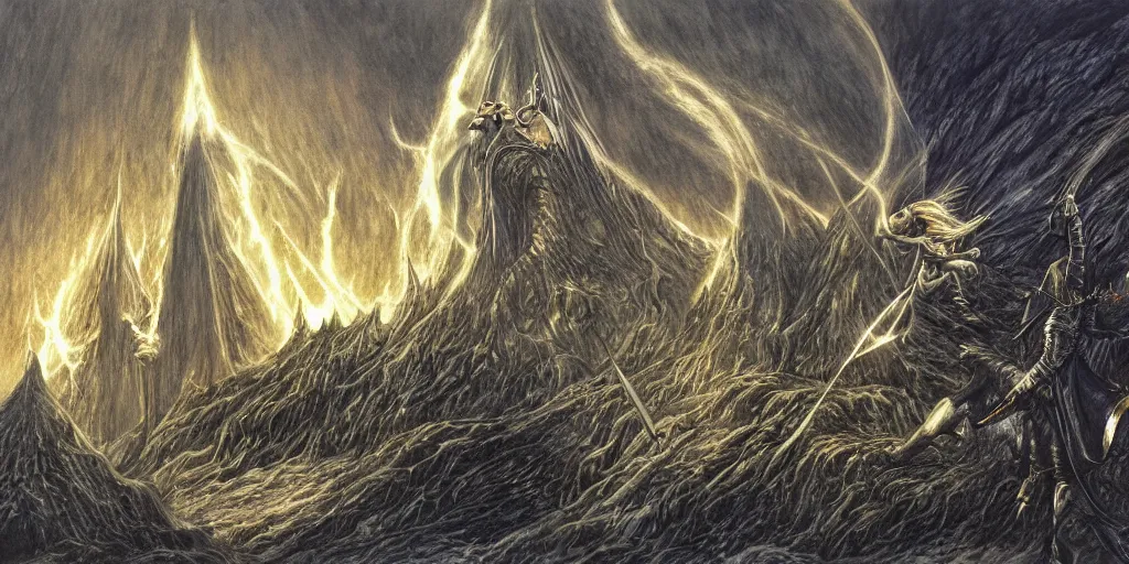 Image similar to Sauron fighting Saruman, the lord of the rings, by John Howe, by Alan Lee