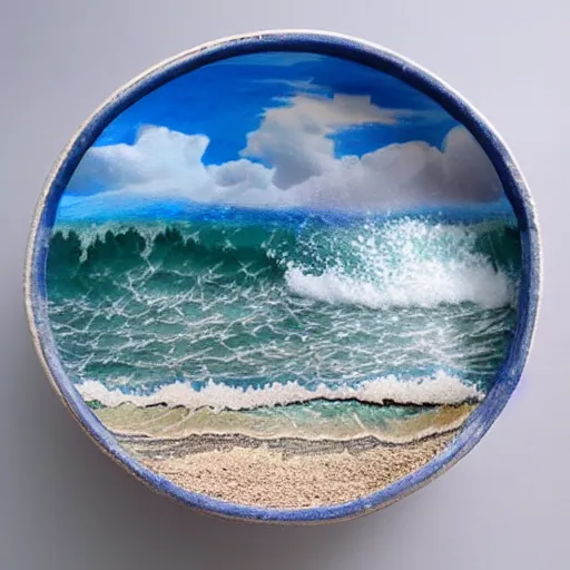 Prompt: a beach and ocean and sky in a ceramic bowl, hyper realistic, highly detailed, photorealism, microcosm, diorama